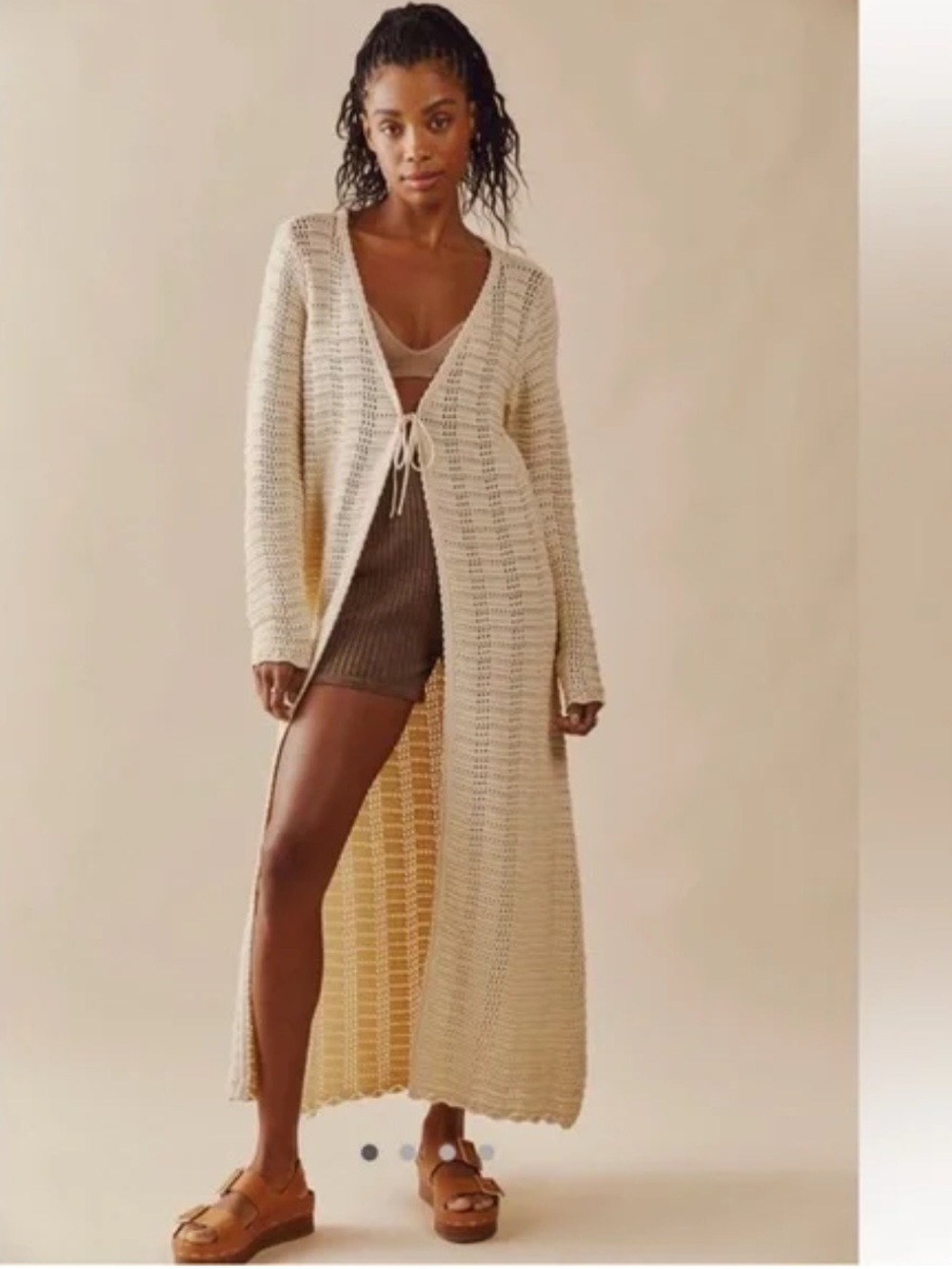 Free People Elegant Maxi Cream Crochet Cardigan w/ front tie